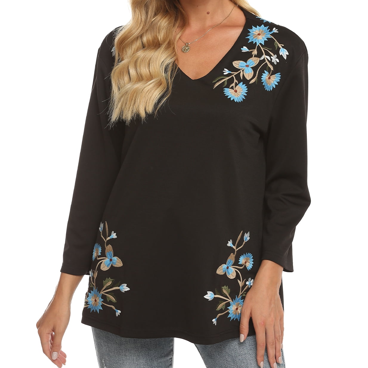 Higustar Mexican Shirts Peasant Blouses Cotton Embroidered 3/4 Sleeve