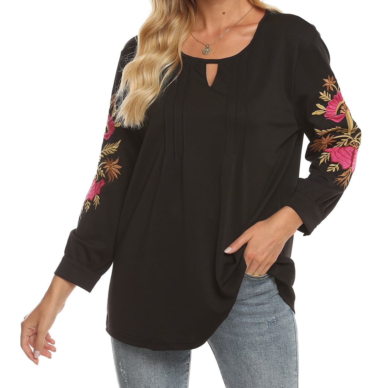 Higustar Mexican Shirts Peasant Blouses Cotton Embroidered 3/4 Sleeve