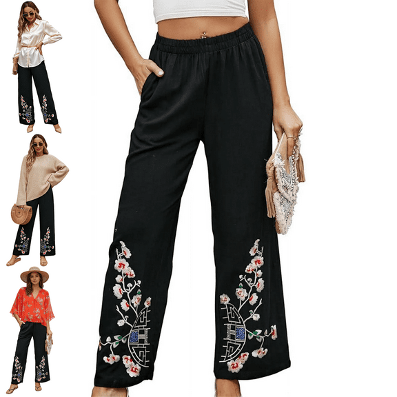 Higustar Pants for Women Wide Leg Trousers with Pockets Broad Feet Pants Casual Lounge Work Boho Bohemian Floral Embroidered Ladies Palazzo Long Pants Black-689/H-Cotton and Polyester-XL