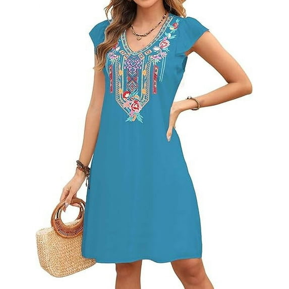 Higustar Dress for Women Plus Size Short Sleeve V Neck Midi Dresses Summer Fall Casual Maxi Boho Floral Embroidered Flowy Peasant Petite Dress-755/Blue-3XL