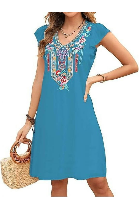 Dress for Women Plus Size Short Sleeve V Neck Midi Dresses Summer Fall Casual Maxi Boho Floral Embroidered Flowy Peasant Petite Dress-755/Blue-L