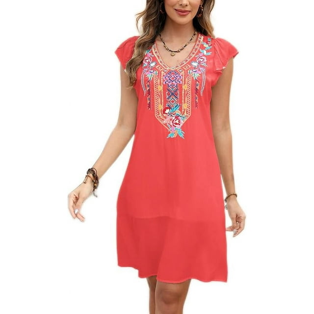 Dress Women Maxi Summer Plus Size Short Sleeve Dress Floral Casual Flowy Boho Bohemian Embroidered Peasant Petite Dress - 755/Red/L