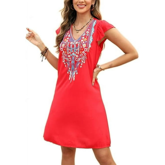 Higustar Dress for Women Plus Size Short Sleeve V Neck Midi Dresses Summer Fall Casual Maxi Boho Floral Embroidered Flowy Peasant Petite Dress-757/Red-3XL