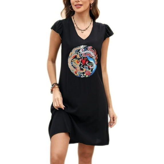Higustar Dress for Women Plus Size Short Sleeve V Neck Midi Dresses Summer Fall Casual Maxi Boho Floral Embroidered Flowy Peasant Petite Dress-758/Black-XL