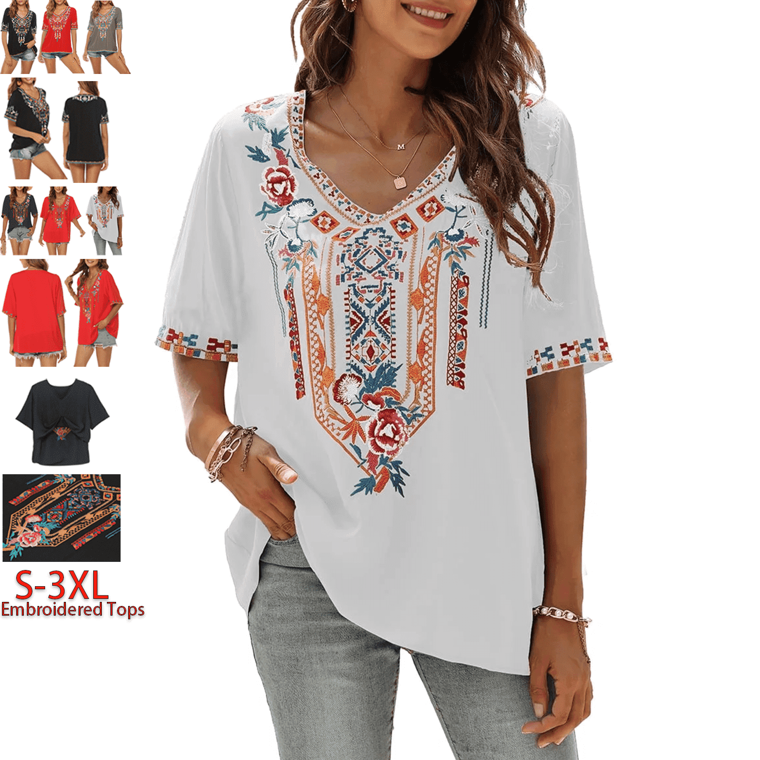 Women's Mexican Embroidered Boho Top - 3/4 Sleeve Peasant Blouse - View #8