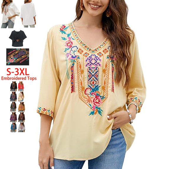 Higustar Womens Tops Summer Embroidered Blouses Dressy Casual Ladies Plus Size V Neck 3/4 Sleeve Peasant Mexican Tops - Cotton Rayon-328/H-Light Yellow-M