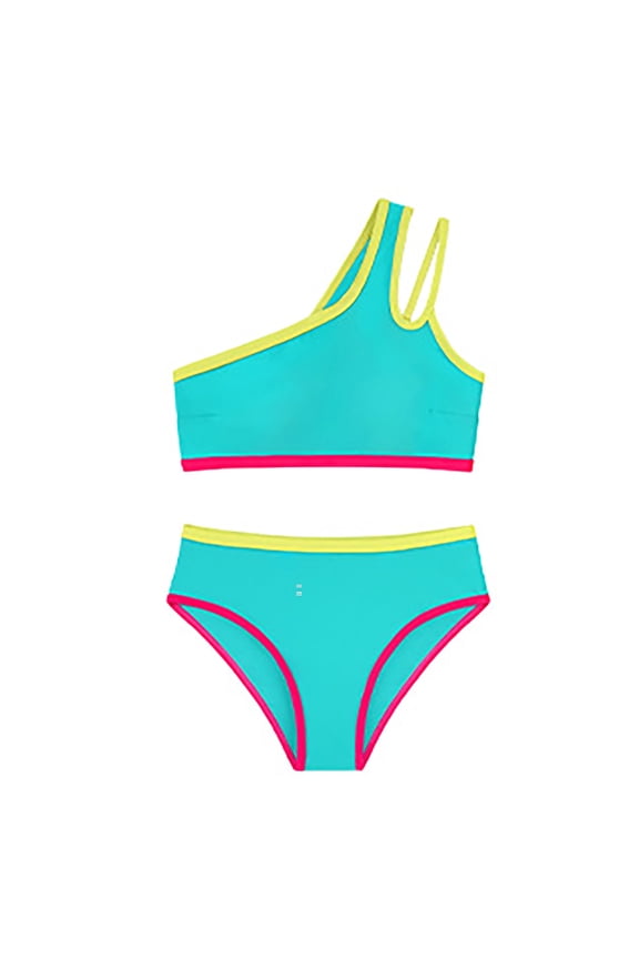 2Piece Tankini Swimsuit for Big Girl Color Block One Shoulder Surf Style Swimwear