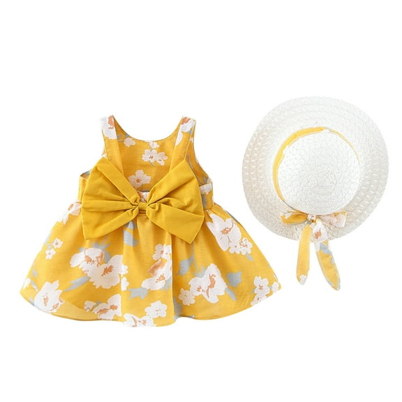 Hihipz Baby Girl Dresses Summer Flower Print Sleeveless Sling Bow Dress Wiht Hat Kids Girls Princess Birthday Party Dresses,5 -6 Years
