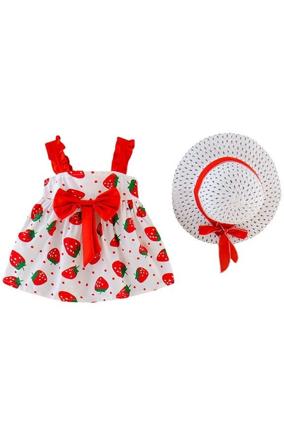 Baby Girl Dresses Summer Strawberry Print Sleeveless Sling Bow Dress Wiht Hat Kids Girls Princess Birthday Party Dresses,6 -12 Months
