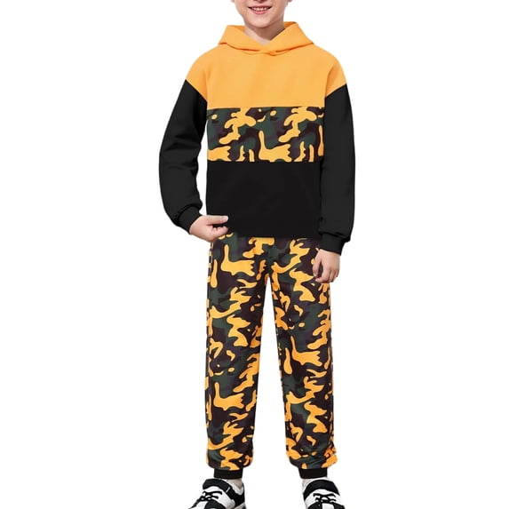 Hihipz Big Boy's 2-Piece Outfit Sets Color Block Hoodie And Camo Jogger Pants Casual Stylish Clothes Set