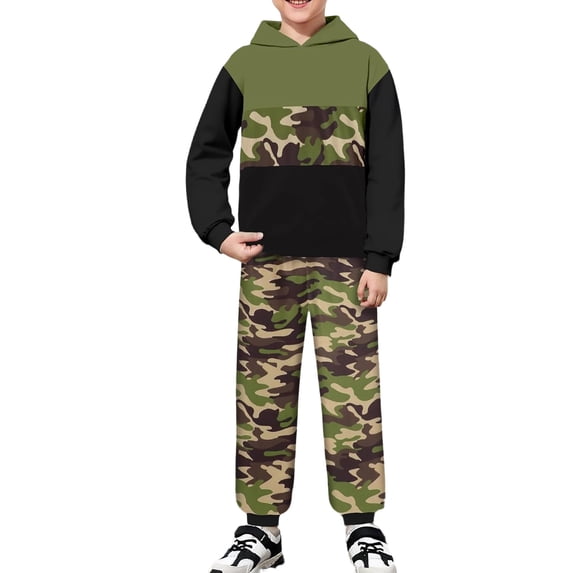 Hihipz Big Boy's 2-Piece Outfit Sets Color Block Hoodie And Camo Jogger Pants Casual Stylish Clothes Set