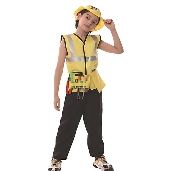 Hihipz Big Boys Construction Worker Role Play Outfits Safety Bucket Hat Reflective Sleeveless Vest Straight Fit Pants Tool Accessory Belt Performance Clothing Sets,4 Piece