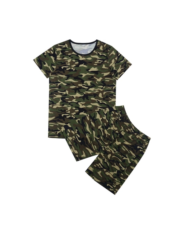 Big Boys Sets Camo Print Short Sleeve Graphic T Shirts And Shorts Child Outdoor Sort Trainingwear Outfits,2Pcs,Sizes 9-10Y