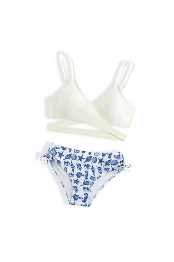 Big Girl's 2Piece Tankini Swim Suits Shell Print Wrap Front Spaghetti Strap Swimwear