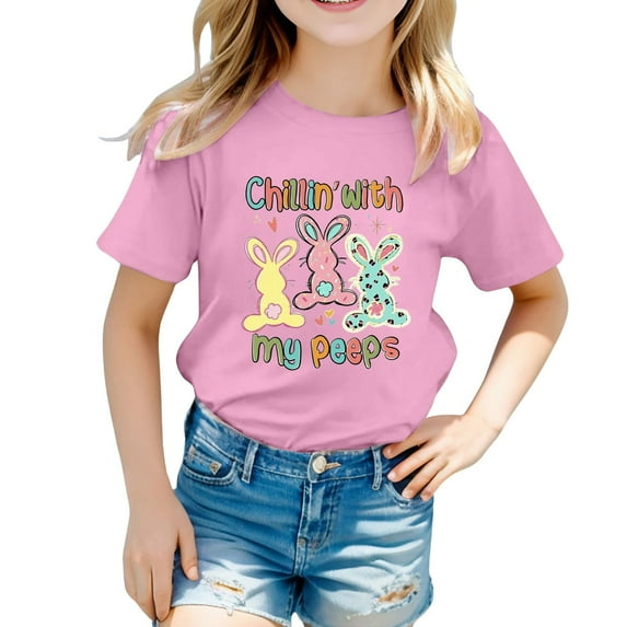 Hihipz Big Girl's Easter Graphic T-Shirt Cute Bunny Printed Short Sleeve Round Neck Tshirt Child Loose Fit Casual Tee Top For Boys Girls,Sizes 12-13Y