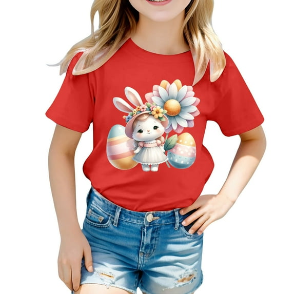 Hihipz Big Girl's Easter Tshirt Cartoon Rabbit Printed Short Sleeve Casual Tee Top Unisex Cozy Graphic T-Shirt,Sizes 12-13Y