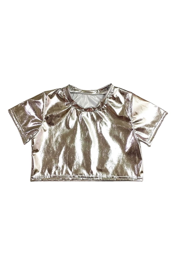 Big Girl's Tops Metallic Shiny Short Sleeve Crop Tops Stylish Dance Performance Tees