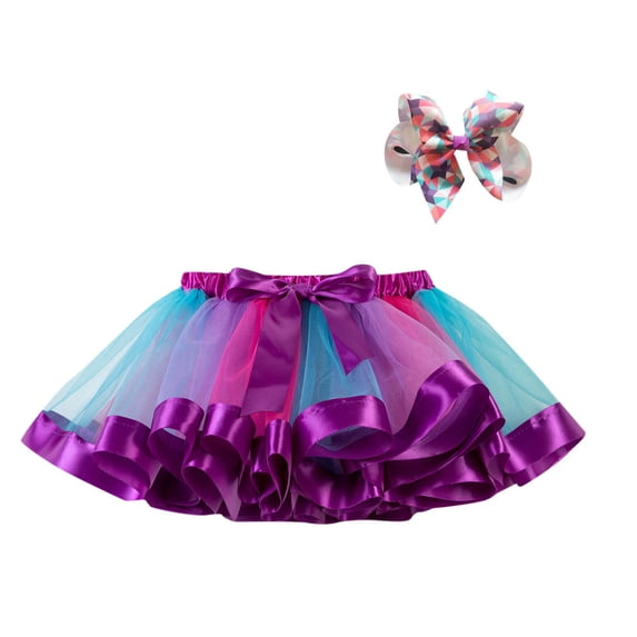 Hihipz Big Girls 2 Piece Summer Outfit Set Rainbow Ribbon Tutu Skirt Bow Hair Clip Kids Casual Clothing Sets