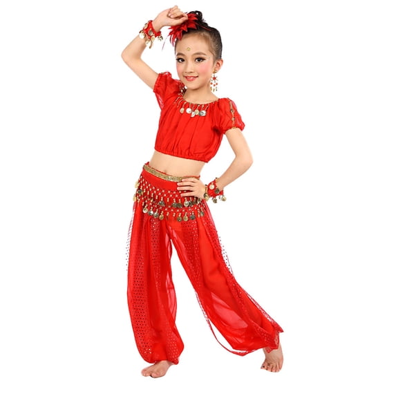 Hihipz Big Girls Belly Dance Outfits 2 Piece Coin Decor Crop Top + Mesh Harem Pants Cute Performance Kids Set