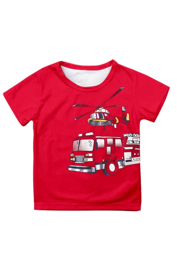 Little Boys Graphic T Shirts Fire Truck Helicopter Print Short Sleeve Crewneck Tees Summer Casual Dailywear Tshirt