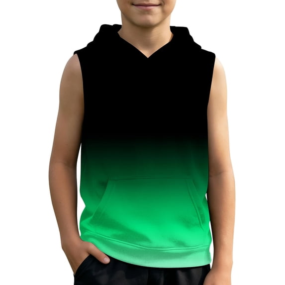 Hihipz Little Boys Hooded Tank Top Solid Gradient Sleeveless Kangaroo Pocket Loose Casual Tee