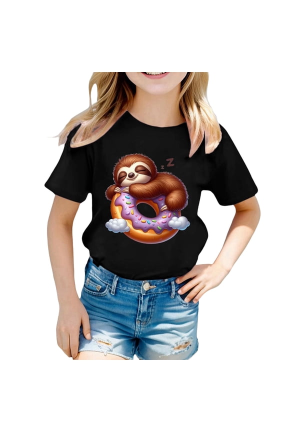 Little Girl's Tshirts Sloth Printing Short Sleeve Round Neck T Shirts Loose Daily Wear Tee