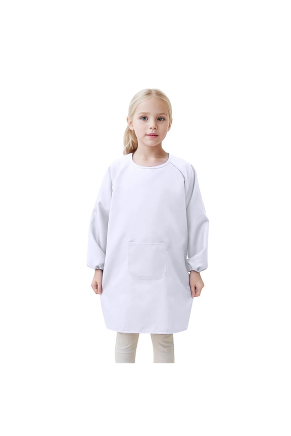 Little Girls Apron Solid Long Sleeve Pocket Smock Art Painting Casual Cover Up