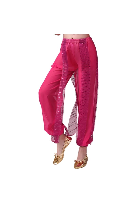 Little Girls Dance Harem Pants Sequin Mesh Panel Elastic Waist Performance Trousers Light Stage Bottoms