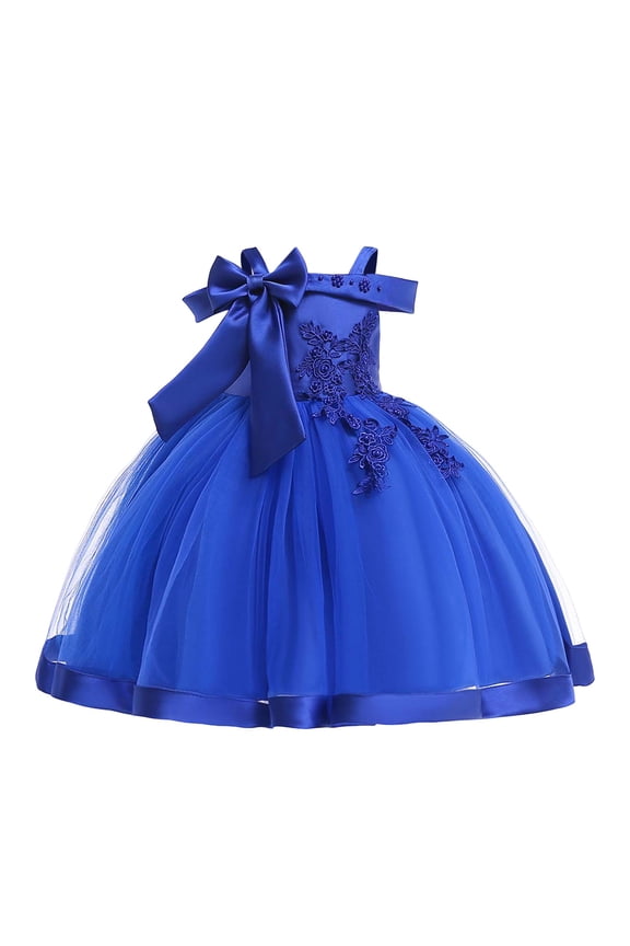 Little Girls Dresses Off Shoulder Bow Mesh Tutu Long Dress Kids Girls Party Birthday Pageant Stage Performance Evening Gown Dresses,6 -7 Years