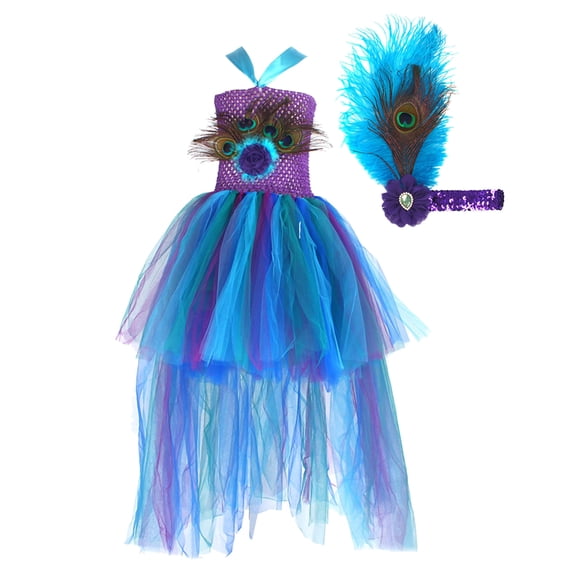Hihipz Little Girls Dresses Summer Peacock Feather Mesh Tutu Gown With Headwear Catwalk Performance Train Dress 2Pcs Set