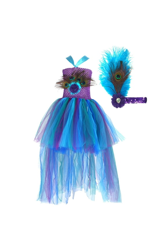 Little Girls Dresses Summer Peacock Feather Mesh Tutu Gown With Headwear Catwalk Performance Train Dress 2Pcs Set