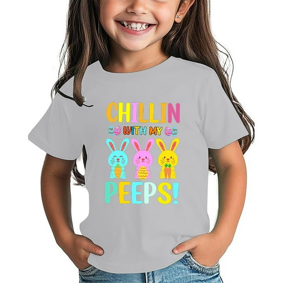 Hihipz Little Girls Easter T-Shirt Bunny Cartoon Print T Shirt Trendy Round Neck Short Sleeve Tee Tops,Sizes 4-5T