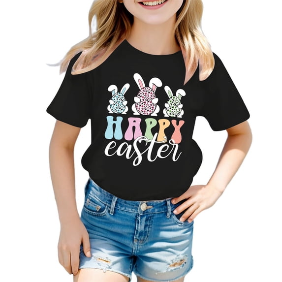 Hihipz Little Girls Easter T-Shirt Bunny Rabbit Print T Shirt Easter Short Sleeve Casual Cute Unisex Comfortable Tee Tops,Sizes 4-5T