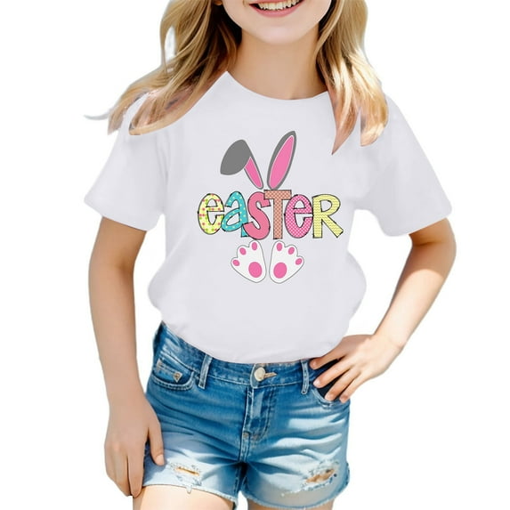 Hihipz Little Girls Easter T-Shirt Children Summer Print T Shirt Easter Graphic Soft Short Sleeve Tee Tops,Sizes 5-6Y