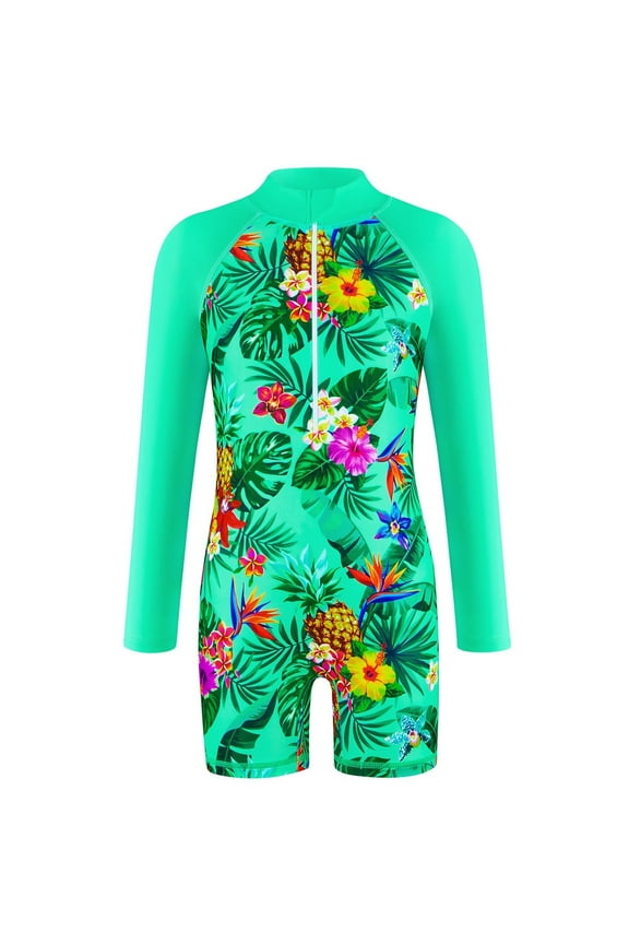 Little Girls One-Piece Rash Guard Pineapple Floral Color Block Zip Collar Long Sleeve Beach Party Bathing Suit