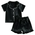 thumbnail image 1 of Hihipz Little Girls Sleep Outfits 2-Piece Solid Satin Collar Tee + Ruffle Hem Drawstring Shorts Breathable Clothing Sets, 1 of 2