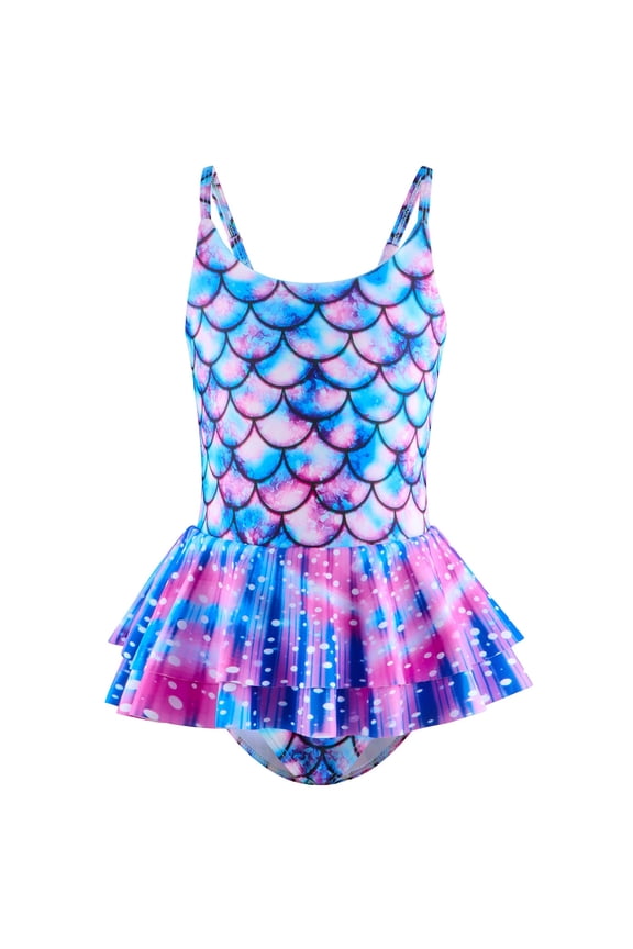 Little Girls Swimsuit Fish Scale Print Skirted One Piece Kids Hot Spring Resort Bathing Suit,Sizes 4-5