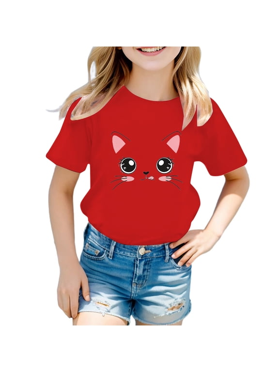 Little Girls T-Shirt Cat Face Print Short Sleeve Tee Lovely Casual Tshirt