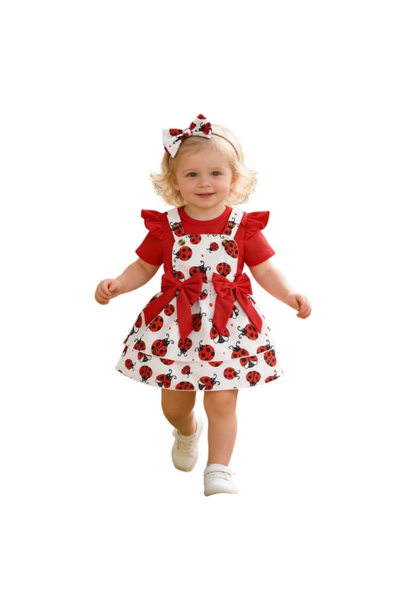 Newborn Girls Summer Outfits Short Sleeve Ruffle Tee Ladybug Print Overall Dress And Bow Headband 3Pcs Cute Clothing Sets