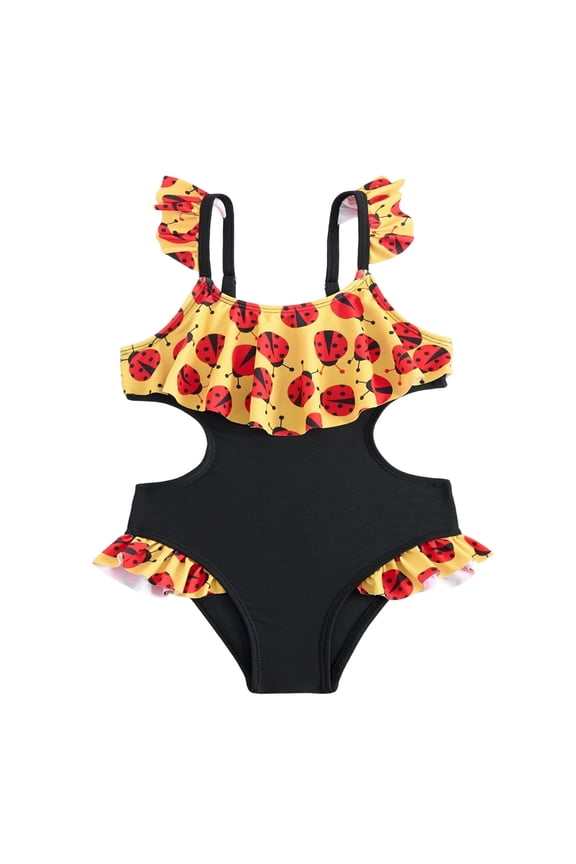 One Piece Swimsuit for Toddler Girl Ladybug Print Ruffle Trim Swimming Suits