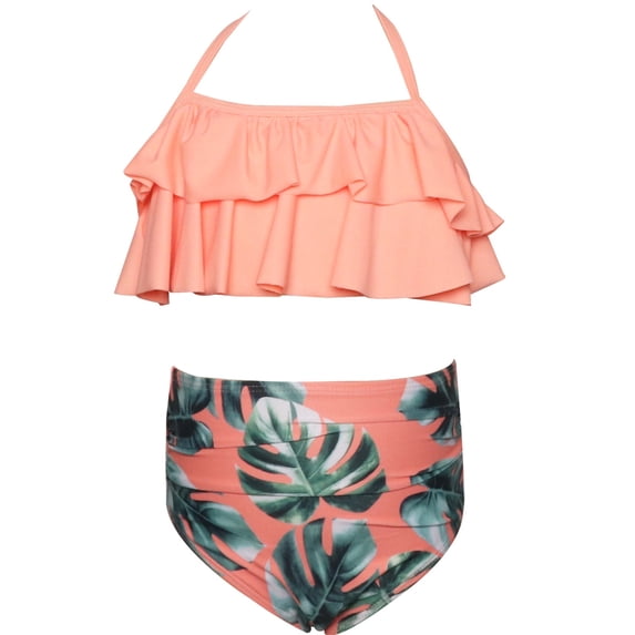 Hihipz Swimming Suit For Big Girls Floral Print High Waist Ruffled Two Piece Trendy Beach Bathing Suit,Sizes 10-12