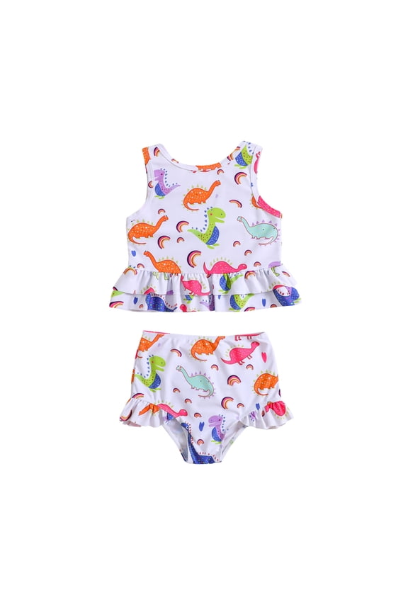 Swimming Suit For Little Girls Cartoon Dinosaur Print Sleeveless Ruffled Two Piece Bikini Beach Bathing Suit,Sizes 4-5