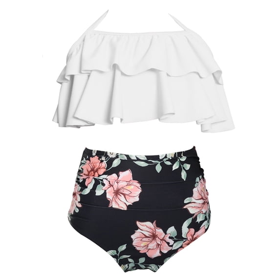Hihipz Swimsuits For Little Girls Floral Print High Waist Ruffled Two Piece Fashion Summer Bathing Suit