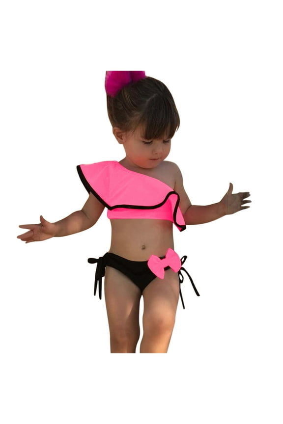 Swimsuits For Toddler Girls One Shoulder Ruffled Bowknot Two Piece Off Shoulder Vacation Bathing Suit,Sizes 12-18M