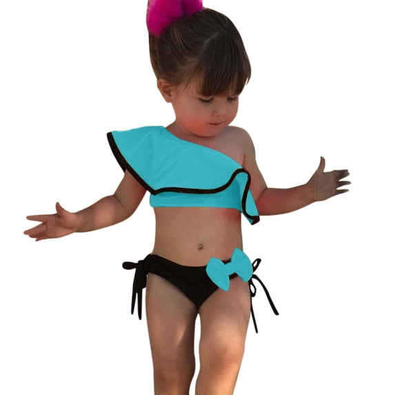 Hihipz Swimsuits For Toddler Girls One Shoulder Ruffled Bowknot Two Piece Off Shoulder Vacation Bathing Suit,Sizes 18-24M