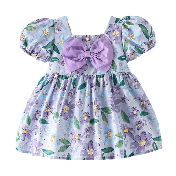 Hihipz Toddler Baby Girls Dresses Flower Print Puff Sleeve Bow Dress With Ruffled Hem Kids Girls Summer Casual Party Cute Dresses,12 -18 Months
