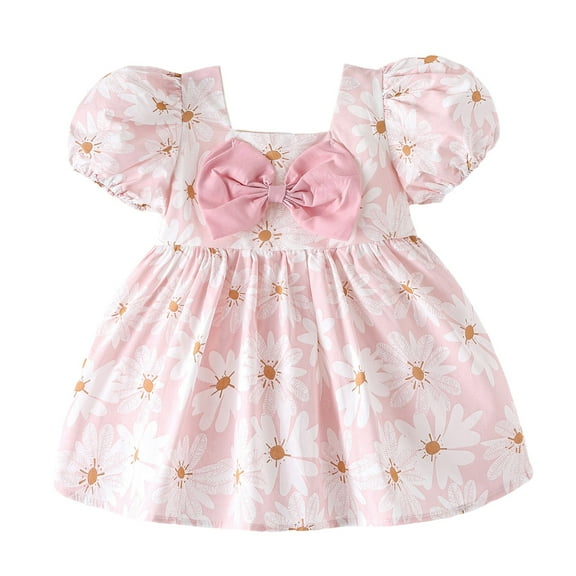 Hihipz Toddler Baby Girls Dresses Flower Print Puff Sleeve Bow Dress With Ruffled Hem Kids Girls Summer Casual Party Cute Dresses,2 -3 Years