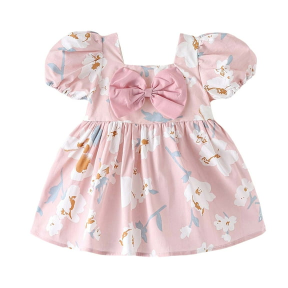 Hihipz Toddler Baby Girls Dresses Flower Print Puff Sleeve Bow Dress With Ruffled Hem Kids Girls Summer Casual Party Cute Dresses,6 -12 Months