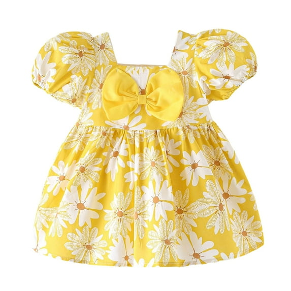 Hihipz Toddler Baby Girls Dresses Flower Print Puff Sleeve Bow Dress With Ruffled Hem Kids Girls Summer Casual Party Cute Dresses,6 -12 Months