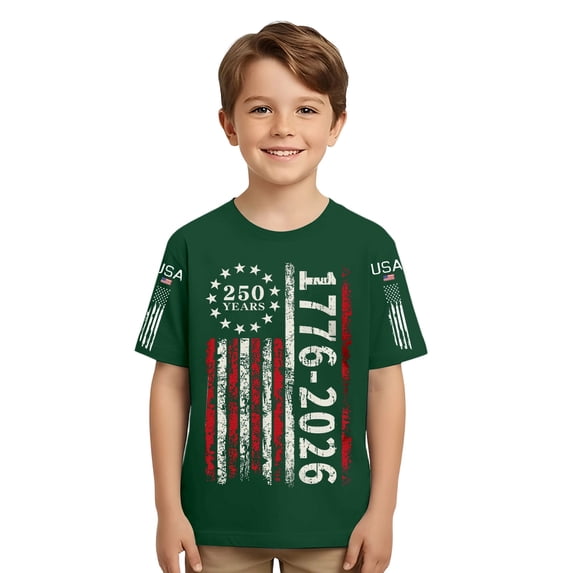 Hihipz Toddler Boys 4Th Of July T-Shirt America's 250Th Anniversary 1776-2026 USA Flag Print Short Sleeve Crew Neck Patriotic Tee
